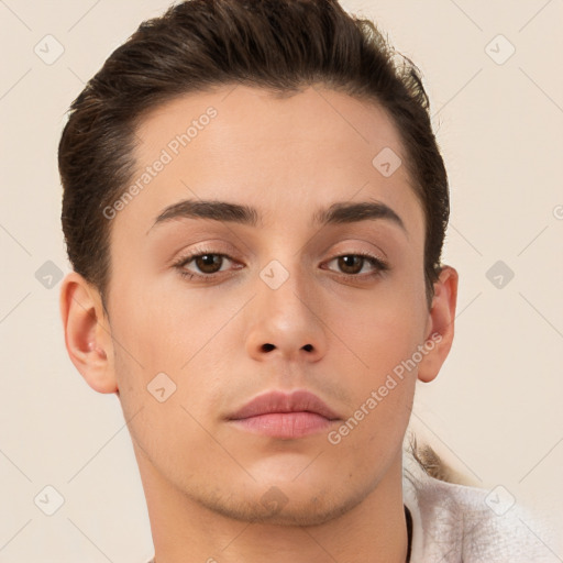 Neutral white young-adult male with short  brown hair and brown eyes