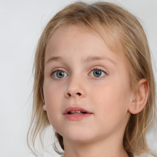 Neutral white child female with medium  brown hair and blue eyes