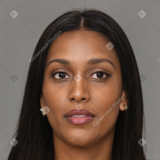 Joyful asian young-adult female with long  brown hair and brown eyes