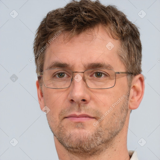 Neutral white adult male with short  brown hair and brown eyes