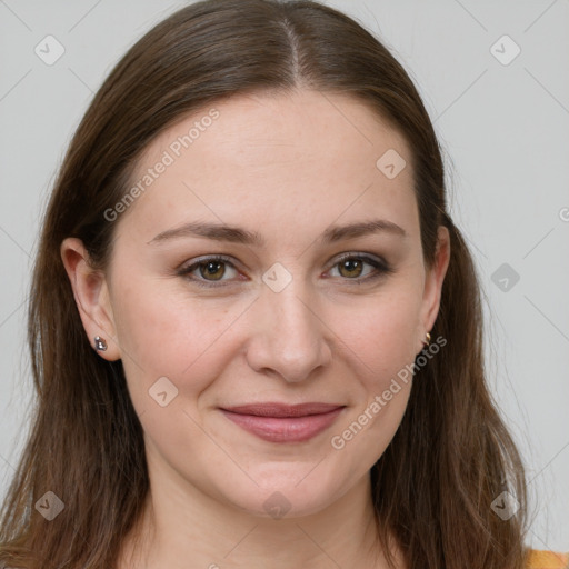 Joyful white young-adult female with long  brown hair and grey eyes