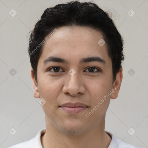 Joyful white young-adult male with short  black hair and brown eyes