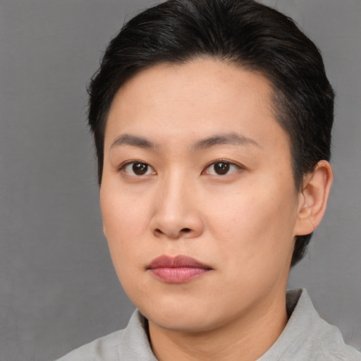 Neutral asian young-adult female with short  brown hair and brown eyes