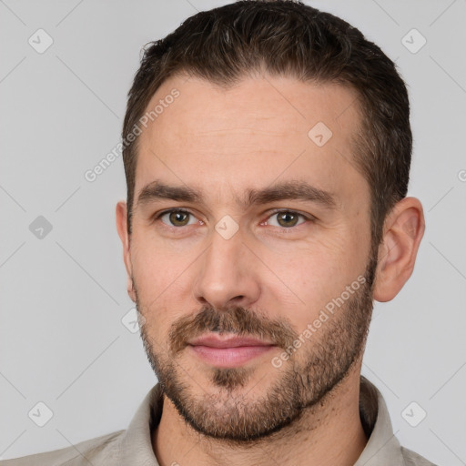 Neutral white young-adult male with short  brown hair and brown eyes