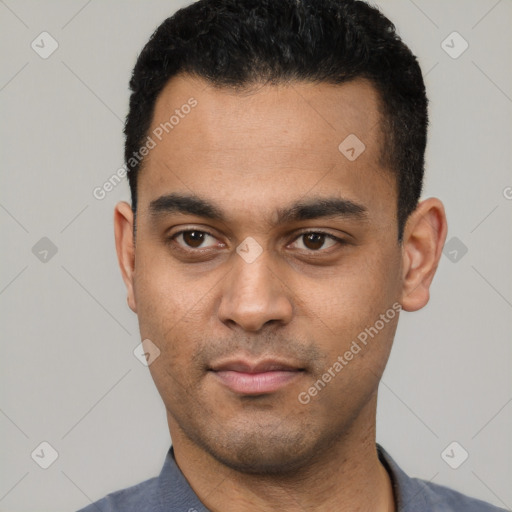 Neutral latino young-adult male with short  black hair and brown eyes