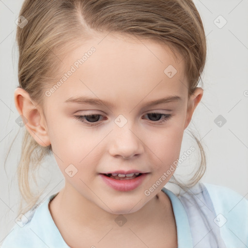 Joyful white child female with medium  brown hair and brown eyes