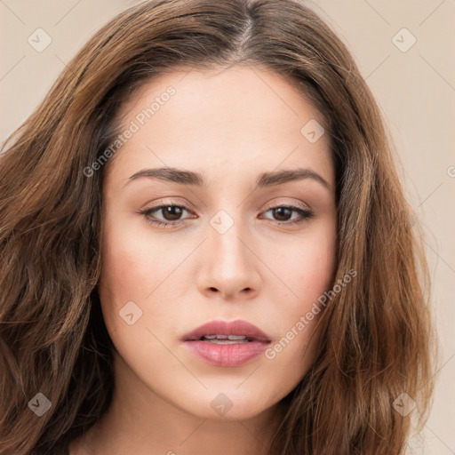 Neutral white young-adult female with long  brown hair and brown eyes