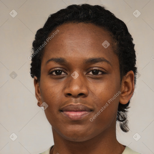 Neutral black young-adult female with short  black hair and brown eyes