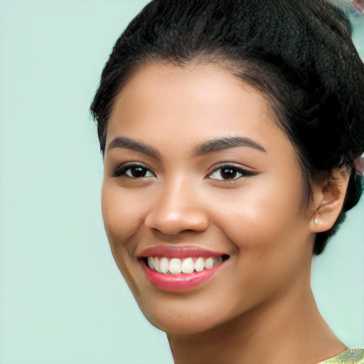 Joyful latino young-adult female with medium  black hair and brown eyes