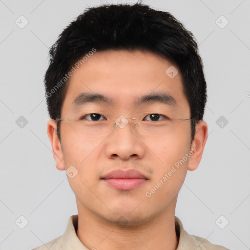 Neutral asian young-adult male with short  black hair and brown eyes