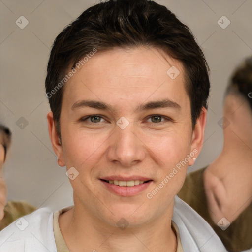 Joyful white young-adult male with short  brown hair and brown eyes