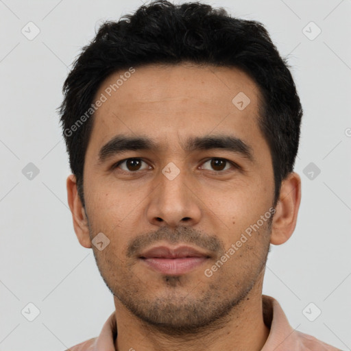 Neutral asian young-adult male with short  black hair and brown eyes