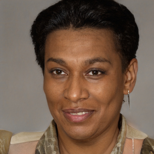 Joyful latino adult female with short  brown hair and brown eyes