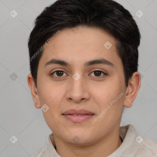 Joyful white young-adult female with short  brown hair and brown eyes