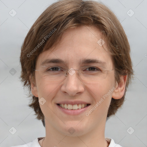 Joyful white young-adult female with medium  brown hair and brown eyes