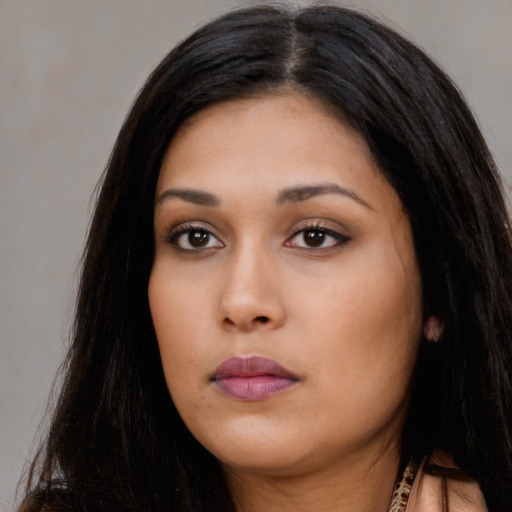 Neutral asian young-adult female with long  black hair and brown eyes
