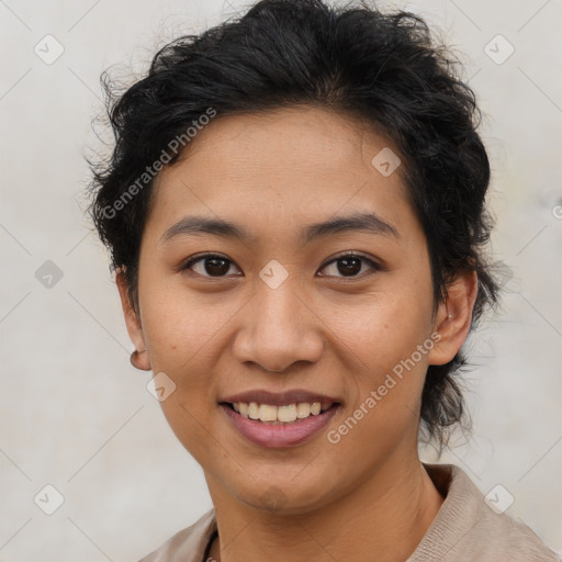 Joyful asian young-adult female with short  brown hair and brown eyes