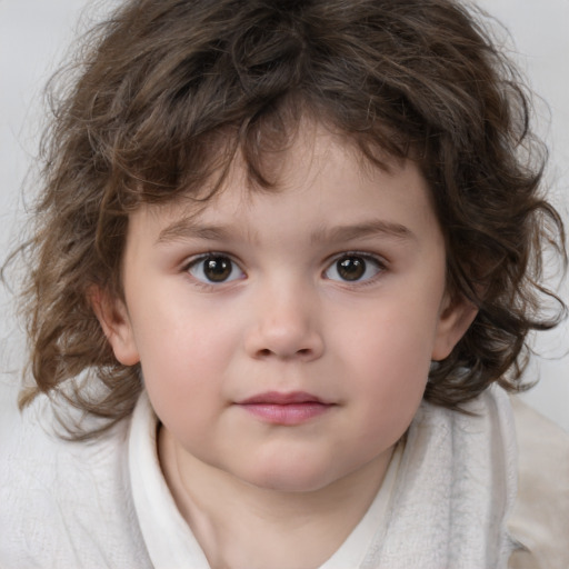 Neutral white child female with medium  brown hair and grey eyes