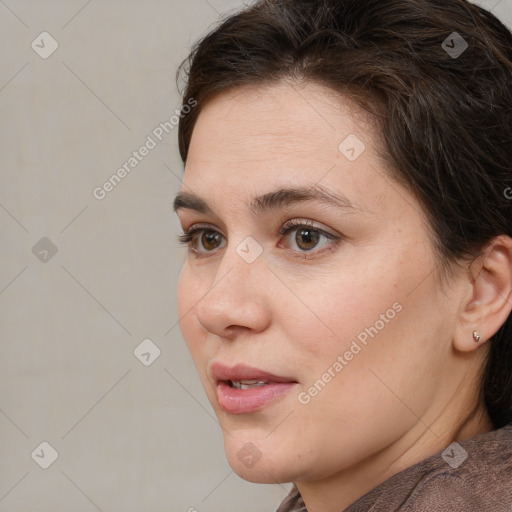 Neutral white young-adult female with short  brown hair and brown eyes