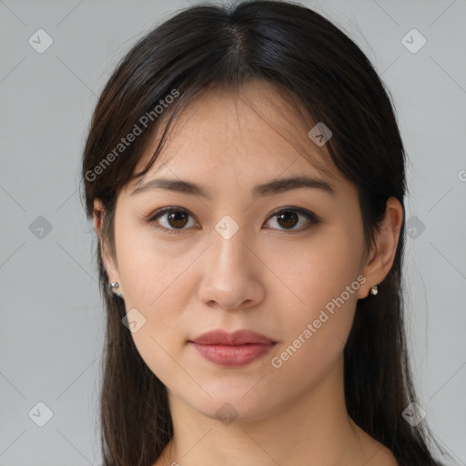 Neutral white young-adult female with medium  brown hair and brown eyes