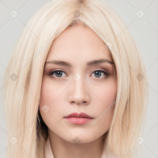 Neutral white young-adult female with long  brown hair and brown eyes