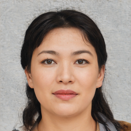 Neutral asian young-adult female with medium  black hair and brown eyes