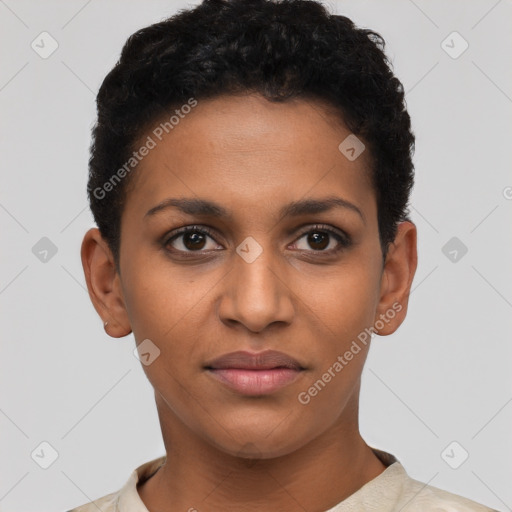 Joyful black young-adult female with short  brown hair and brown eyes