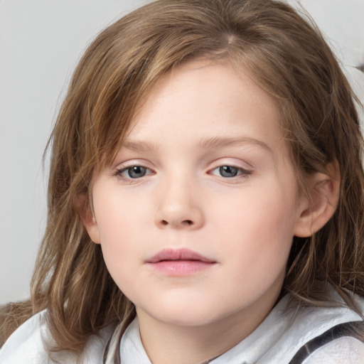 Neutral white child female with medium  brown hair and blue eyes