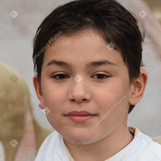 Joyful white child female with short  brown hair and brown eyes