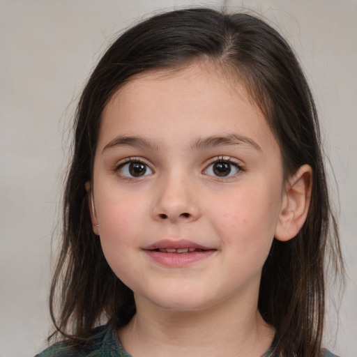 Joyful white child female with medium  brown hair and brown eyes