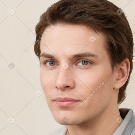 Neutral white young-adult male with short  brown hair and grey eyes