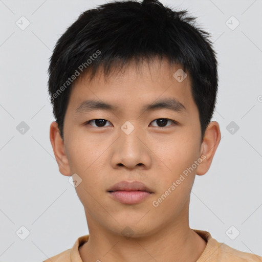 Neutral asian young-adult male with short  brown hair and brown eyes