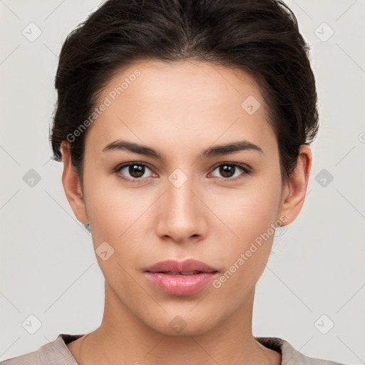 Neutral white young-adult female with short  brown hair and brown eyes