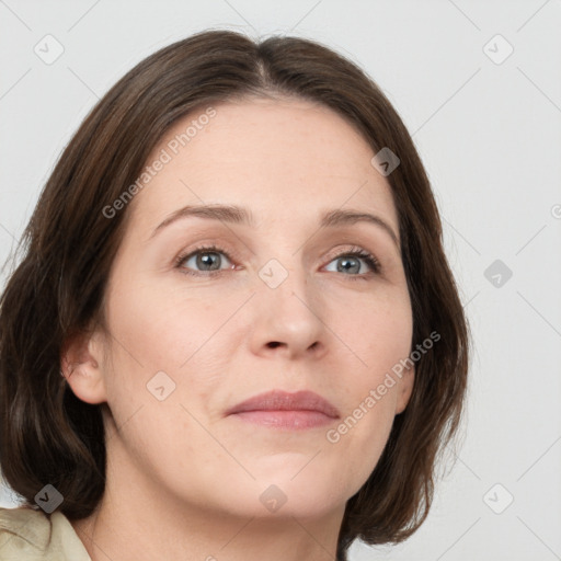 Neutral white young-adult female with medium  brown hair and grey eyes