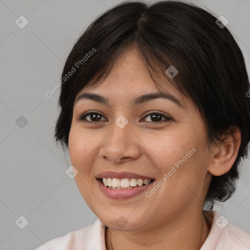 Joyful white young-adult female with medium  brown hair and brown eyes