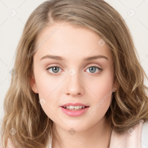 Joyful white young-adult female with long  brown hair and green eyes