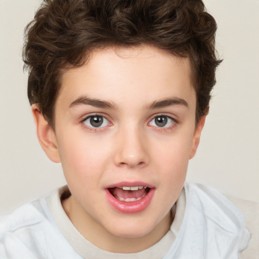 Joyful white child female with short  brown hair and brown eyes