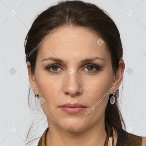 Neutral white young-adult female with medium  brown hair and grey eyes