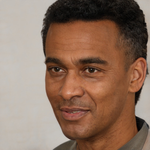 Joyful latino adult male with short  black hair and brown eyes