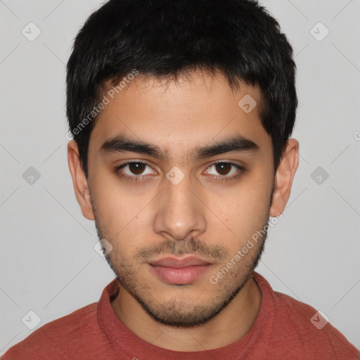 Neutral latino young-adult male with short  brown hair and brown eyes