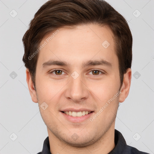 Joyful white young-adult male with short  brown hair and brown eyes