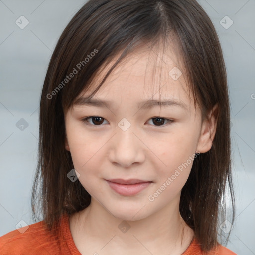 Joyful white child female with medium  brown hair and brown eyes