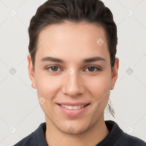 Joyful white young-adult female with short  brown hair and brown eyes