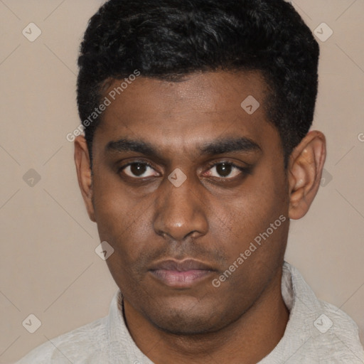 Neutral latino young-adult male with short  black hair and brown eyes