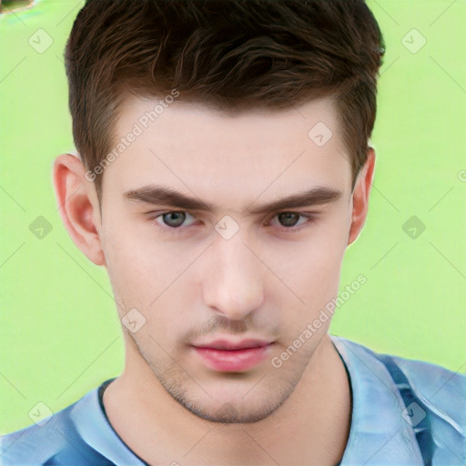 Neutral white young-adult male with short  brown hair and brown eyes