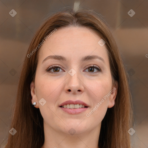 Joyful white young-adult female with long  brown hair and brown eyes