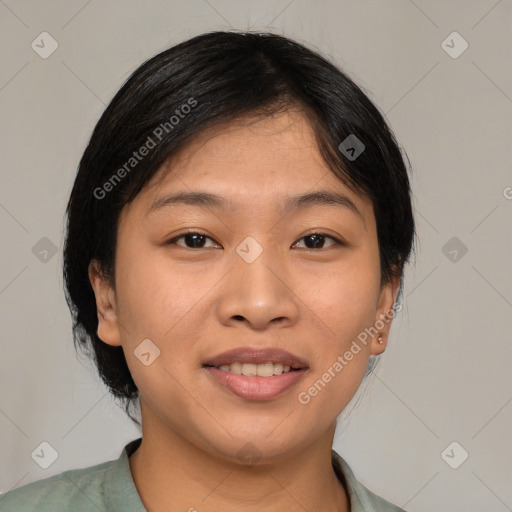 Joyful asian young-adult female with medium  black hair and brown eyes