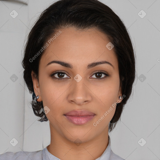 Joyful latino young-adult female with medium  brown hair and brown eyes