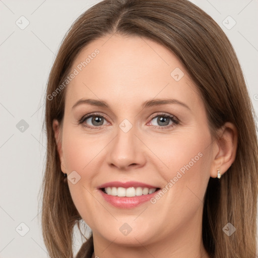 Joyful white young-adult female with long  brown hair and grey eyes