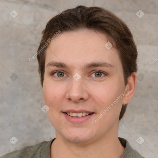 Joyful white young-adult female with short  brown hair and grey eyes